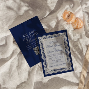 Convite Casamento de Código QR de Renda Azul Royale Old Mo