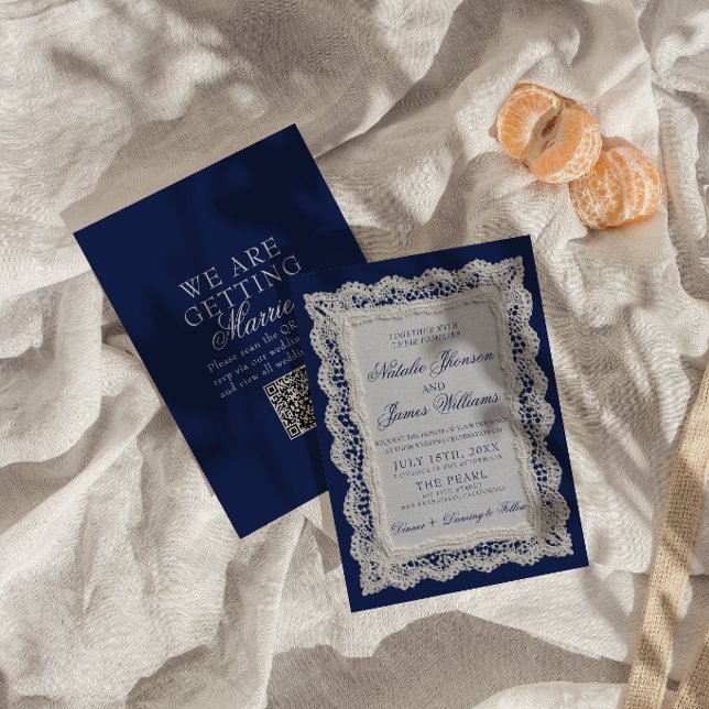 Convite Casamento de Código QR de Renda Azul Royale Old Mo (Criador carregado)