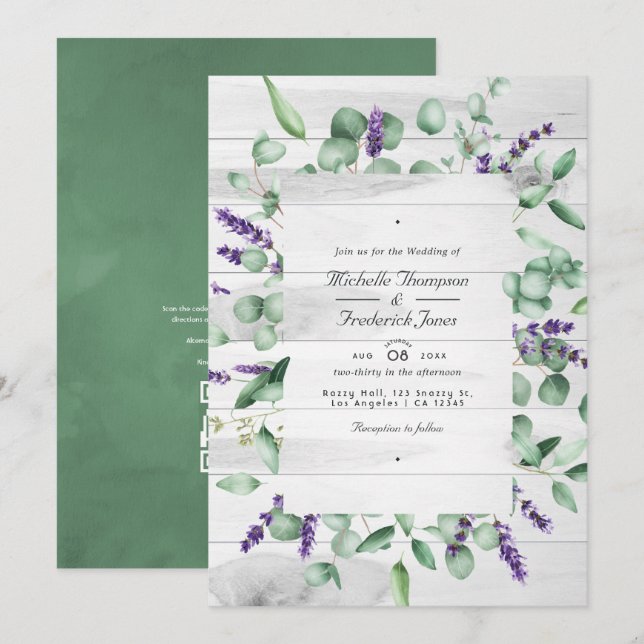 Convite Casamento de código QR de resposta Eucalipto Lavan (Frente/Verso)