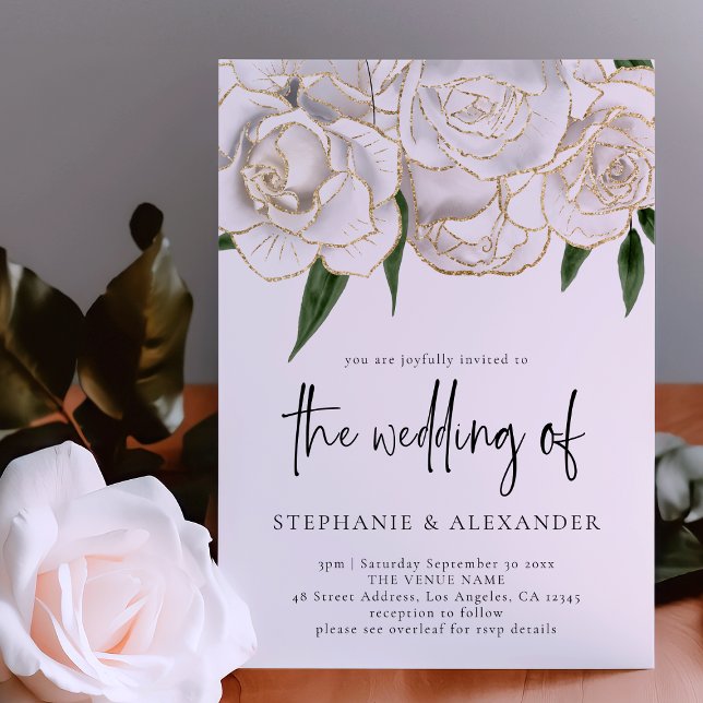 Convite Casamento de Código QR de Rosa de Dourado Branco E (Criador carregado)