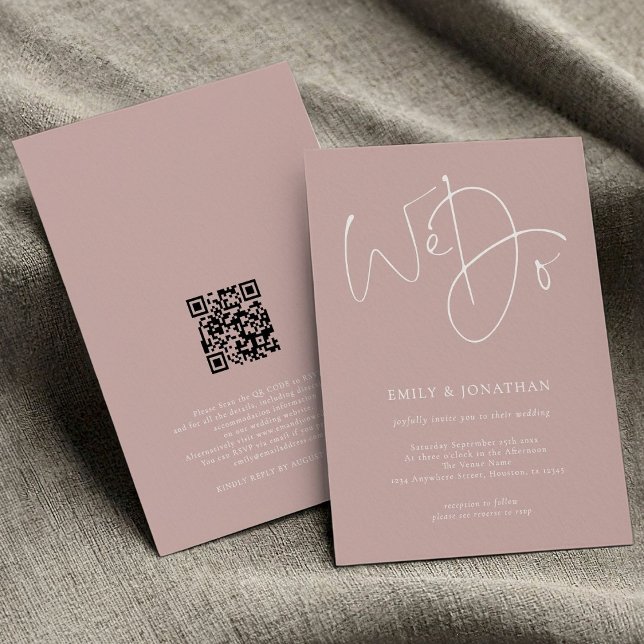 Convite Casamento de Código QR de Rosa Dusty de Script Min (Front and back view)