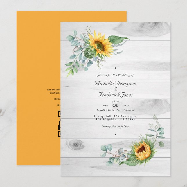 Convite Casamento de Código QR de RSVP de Girassol Eucalip (Frente/Verso)