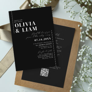 Convite Casamento de Código QR de RSVP Preto Minimalista