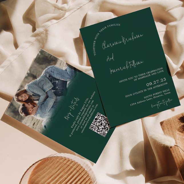 Convite Casamento de código QR de RSVP Verde de Esmeralda  (Criador carregado)