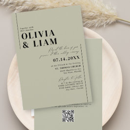 Convite Casamento de Código QR de Sage Verde Minimalista T