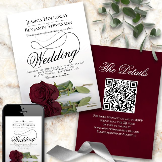 Convite Casamento de Código QR de Script de Rico Burgundy  (Criador carregado)