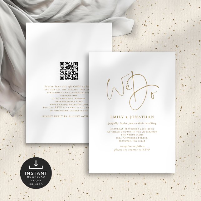 Convite Casamento de Código QR de Script Dourado minimalis (Front and back view)
