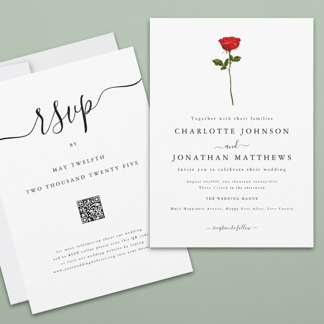 Convite Casamento de Código QR de Script Elegante de Rosa  (Single red rose elegant script wedding qr code invitation Watercolor floral minimalist stylish chic)