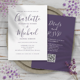 Convite Casamento de Código QR de Script Elegante Roxo