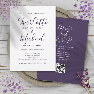 Convite Casamento de Código QR de Script Elegante Roxo