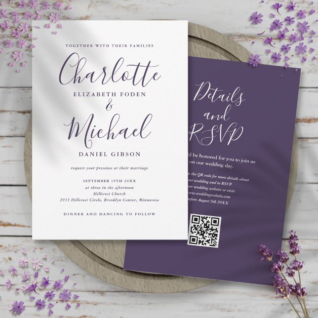 Convite Casamento de Código QR de Script Elegante Roxo (Purple Elegant Script QR Code Wedding Invitation)