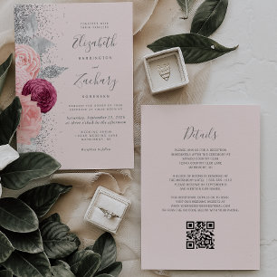Convite Casamento de Código QR de Silver Cinza Rosa-Rosa F