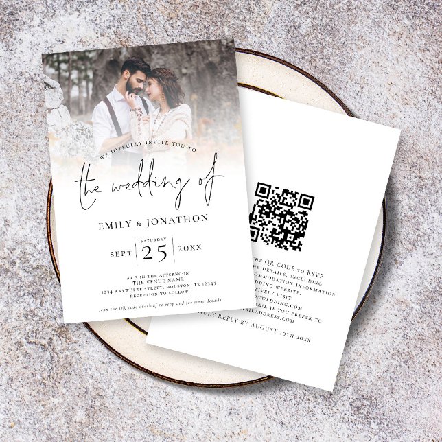 Convite Casamento de Código QR de Sobreposição de Fotograf (Front and back view. Available printed or as a digital download)