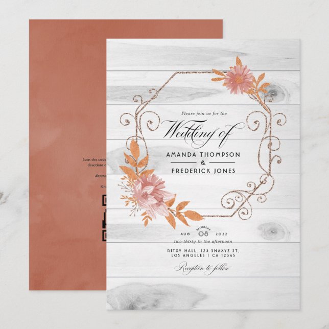 Convite Casamento de Código QR de Terracota com Aquarela R (Frente/Verso)
