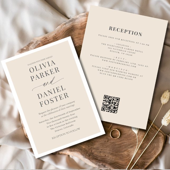 Convite Casamento de Código QR de Todos em Um Beige Neutro (Criador carregado)