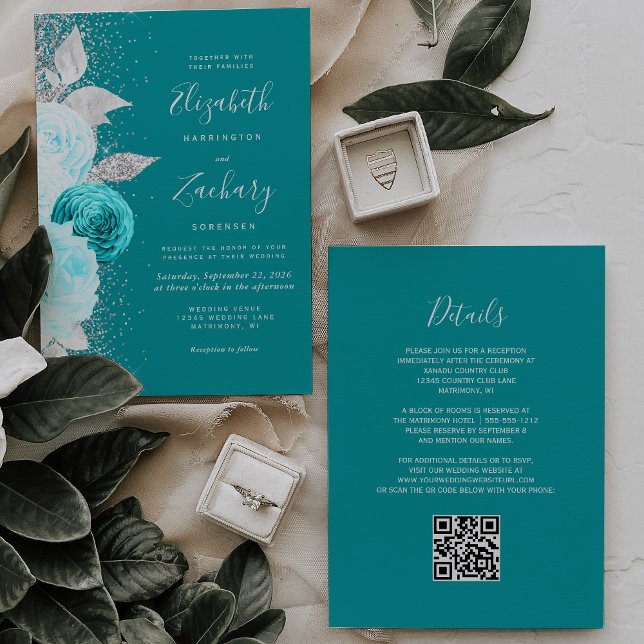 Convite Casamento de Código QR de Turquoise Floral Silver  (Criador carregado)