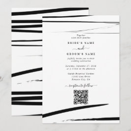 Convite Casamento de Código QR do Abstrato de Branco Negro