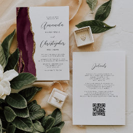 Convite Casamento de Código QR do Agate Dourado Vermelho B