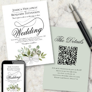Convite Casamento de Código QR do Buquê Eucalyptus Elegant