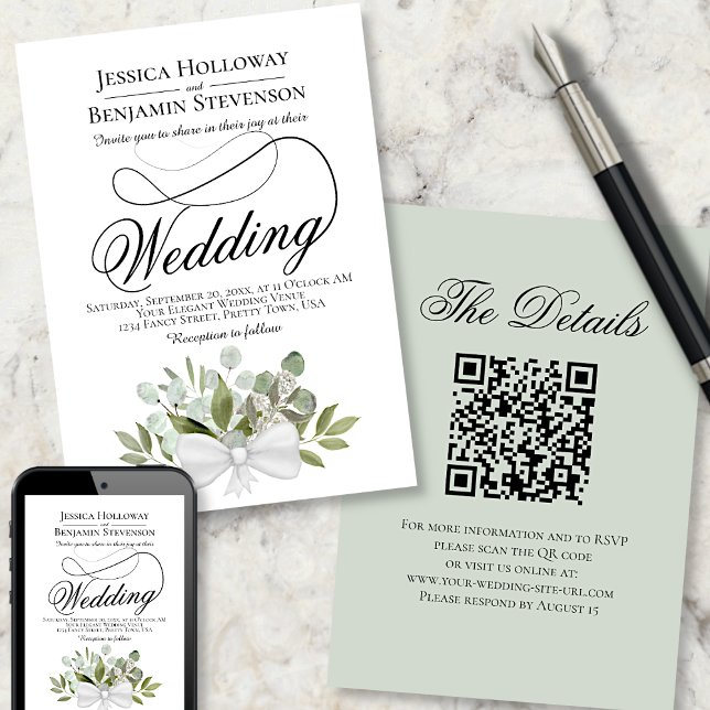 Convite Casamento de Código QR do Buquê Eucalyptus Elegant (Front, Back & Digital Download)