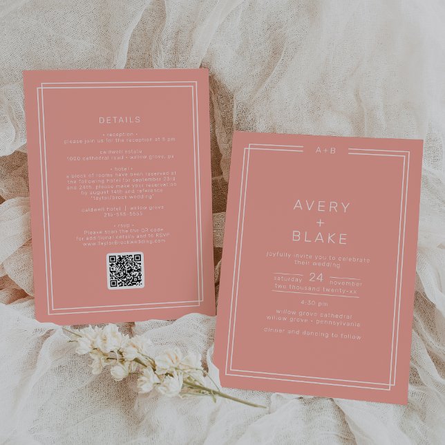 Convite Casamento de Código QR do Coral de Pincel Mínimo d (AVERY Minimal Blush Peach Coral QR Code Wedding Invitation)