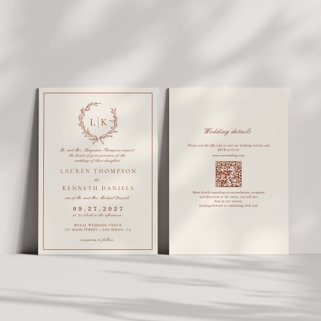 Convite Casamento de Código Qr do Crest Terracotta & Cream (Criador carregado)