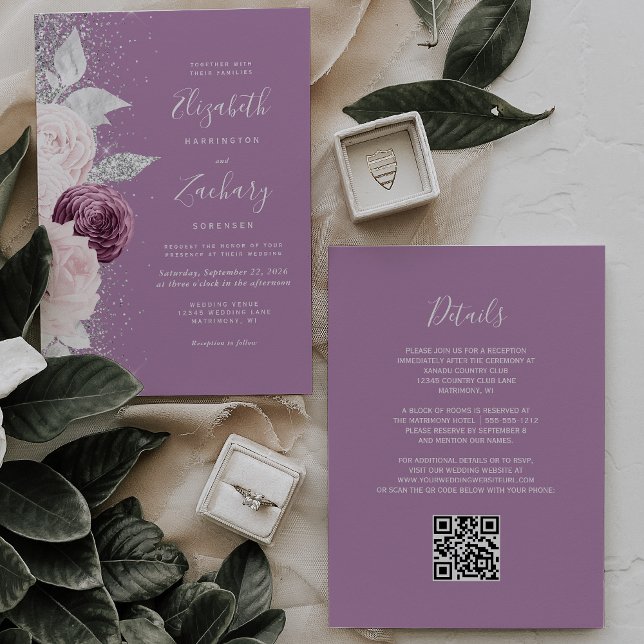 Convite Casamento de Código QR do Floral Mauve Blush Silve (Criador carregado)