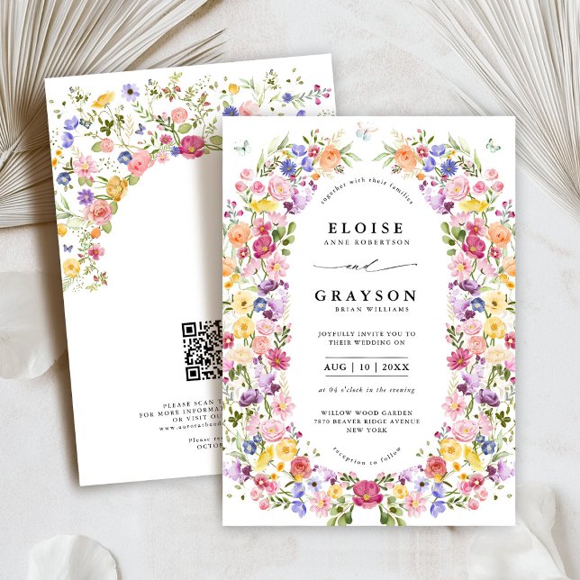 Convite Casamento de Código QR do Jardim de Primavera Wild (Colorful Spring Wildflower Meadow Garden QR Code Wedding Invitation)