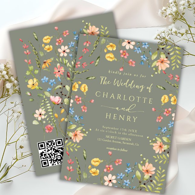 Convite Casamento de Código QR do Jardim Moderno de Flores (Criador carregado)