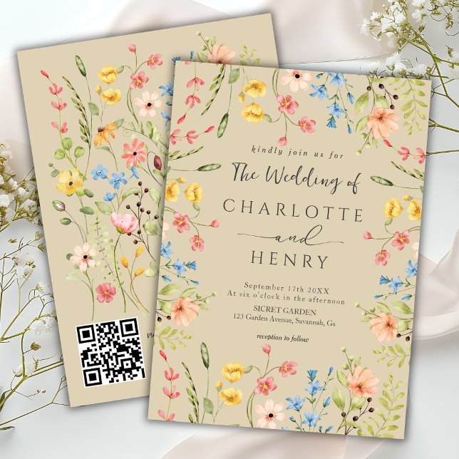 Convite Casamento de Código QR do Jardim Moderno de Flores (Criador carregado)