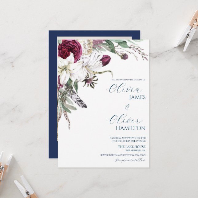 Convite Casamento de código QR do marinho burgundy persona (Frente/Verso In Situ)