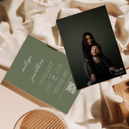 Convite Casamento de Código QR do Monograma de Foto Verde 