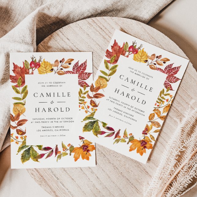Convite Casamento de Código QR do Quadro do Autumn de Wate (Customizable Autumn QR Code Wedding Invitation with Watercolor Fall Foliage Frame)