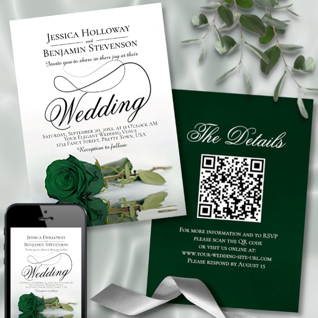 Convite Casamento de Código QR do Rico Elegante Emerald Gr (Criador carregado)