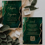 Convite Casamento de Código QR do Script de Agato Verde Mo<br><div class="desc">Este elegante convite de casamento apresenta uma imagem de fundo da emerald green watercolor agate, aparada com falso brilho dourado. O texto personalizável combina manuscrito, protetor e fontes itálicas de cor dourada. O verso fornece espaço para detalhes de casamento em um plano de fundo de agata verde correspondente, junto com...</div>