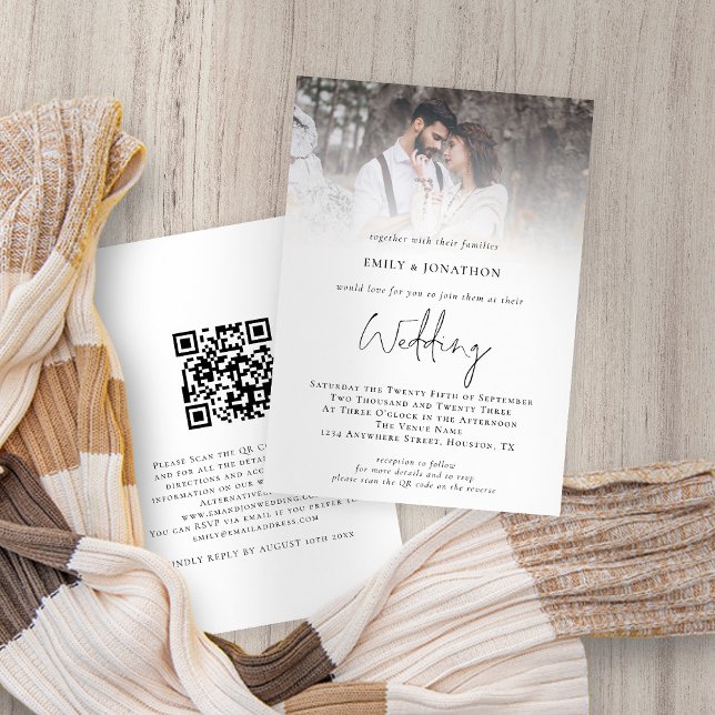 Convite Casamento de Código QR do Script de Sobreposição d (Front and back view. Available digitally and printed. Part of a large matching wedding suite)