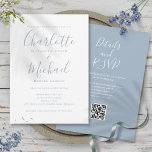 Convite Casamento de Código QR do Script Elegante Azul Dus<br><div class="desc">Apresentando nomes de estilo de assinatura,  este elegante convite de casamento azul empoeirado pode ser personalizado com todas as suas informações especiais sobre o dia do casamento na frente e os detalhes do seu website de casamento e o código QR no verso. Projetado por Thisnotme©</div>