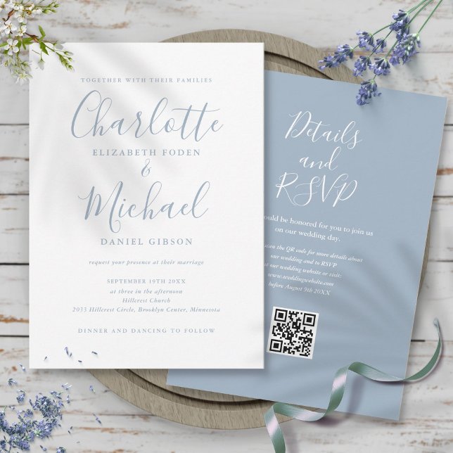 Convite Casamento de Código QR do Script Elegante Azul Dus (Dusty Blue Elegant Script QR Code Wedding Invitation)