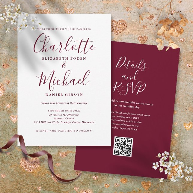 Convite Casamento de Código QR do Script Elegante Burgundy (Burgundy Elegant Script QR Code Wedding Invitation)