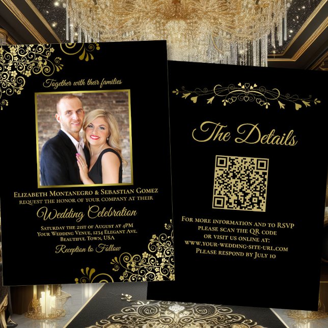 Convite Casamento de Código QR e Foto Dourada e Preta Eleg (Front/Back)
