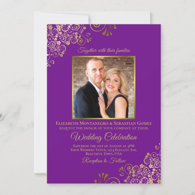 Convite Casamento de Código QR e Foto Dourada e Roxo Elega (Frente)