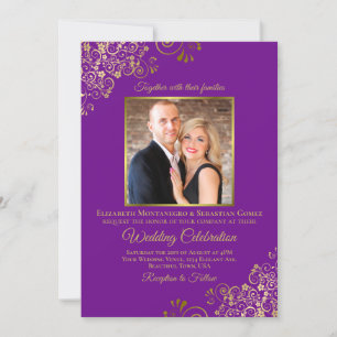 Convite Casamento de Código QR e Foto Dourada e Roxo Elega