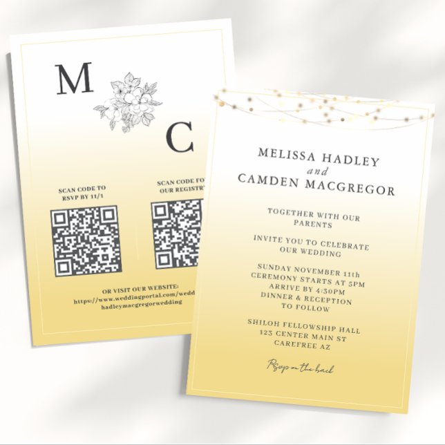 Convite Casamento de Código QR Elegante Amarelo (Criador carregado)