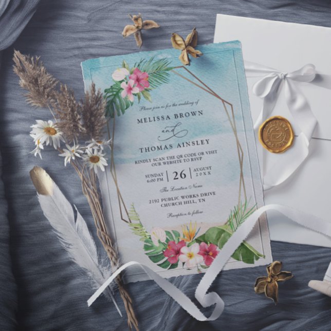 Convite Casamento de Código QR Elegante de Flor Tropical d (Criador carregado)