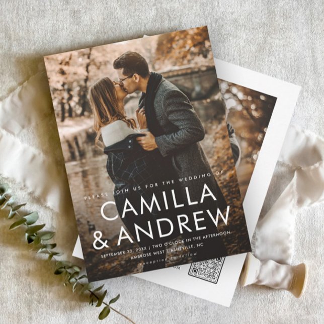 Convite Casamento de código QR Elegante de Foto Moderna (A minimal 2 photo wedding invitation with simple typographic overlay and QR Code rsvp on the back.)
