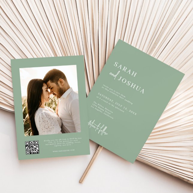 Convite Casamento de Código QR Elegante Verde Sage Minimal (Criador carregado)