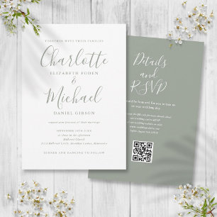 Convite Casamento de Código QR em Script Elegante Verde Sá