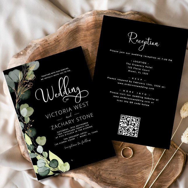 Convite Casamento de Código QR Eucalyptus - Tudo Preto em  (Criador carregado)