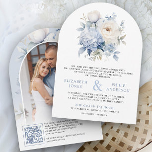 Convite Casamento de Código QR Floral Azul e Branco