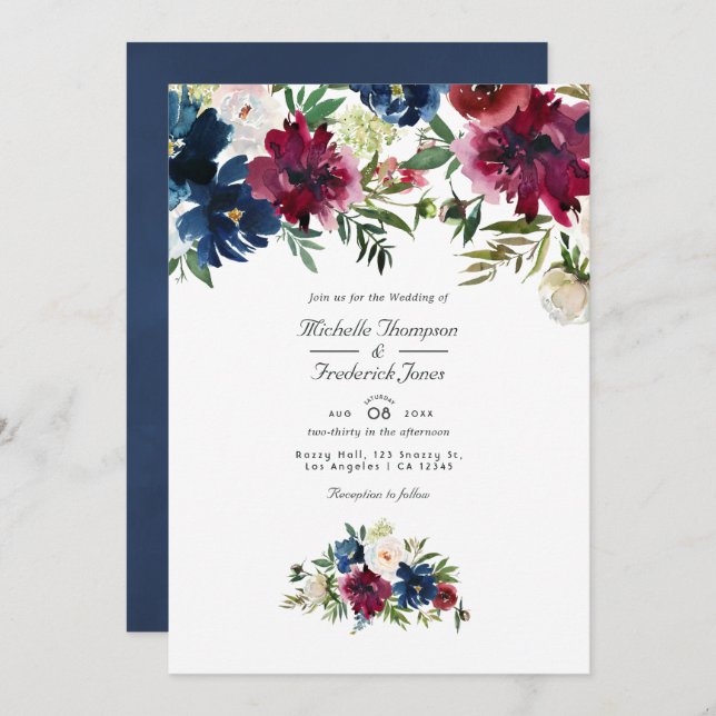 Convite Casamento de Código QR Floral de Bordo e Marinho (Frente/Verso)